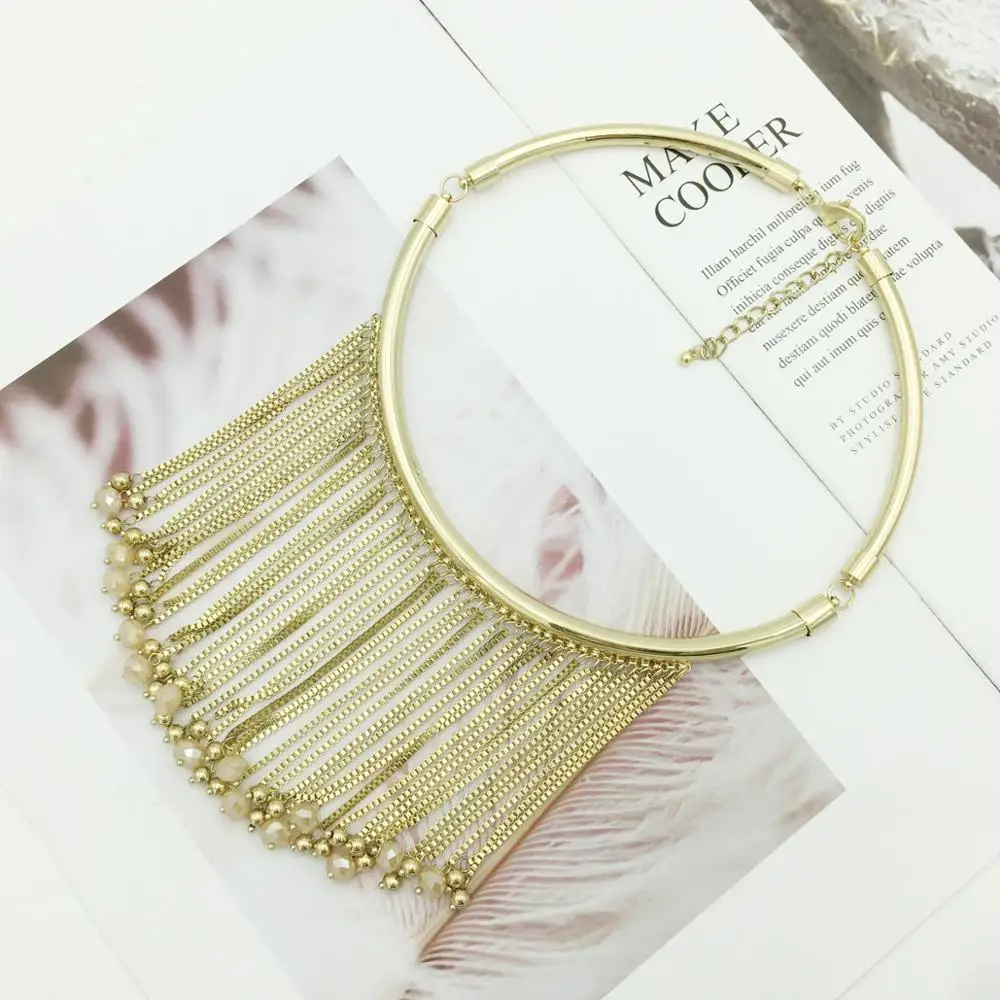 2018 Fashion Crystal Beads Pendant Choker Necklaces Women Gold Color Long Tassel Necklace Ethnic Collar Chain Luxury Jewelry