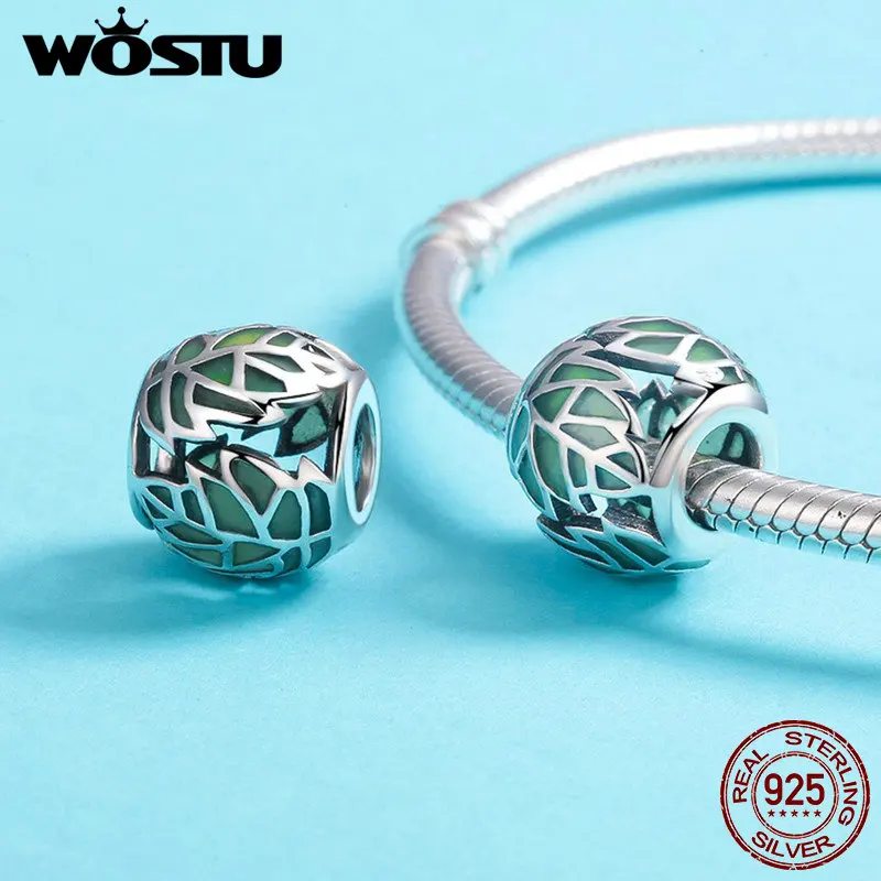 WOSTU Authentic 925 Sterling Silver Tree of Life Tree Leaves Green Enamel Beads fit Charm Bracelet for Women DIY Jewelry CQC524