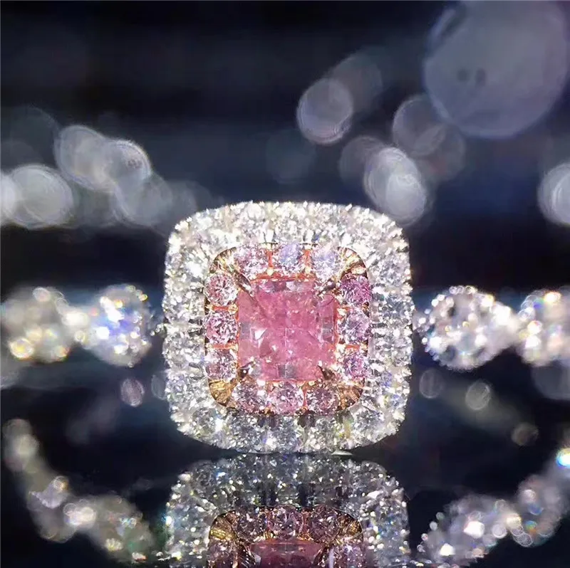 CC Sterling Rings For Women Princess Pink Square Zircon Party Wedding Jewelry Bijoux Femme Engagement Accessories CC705