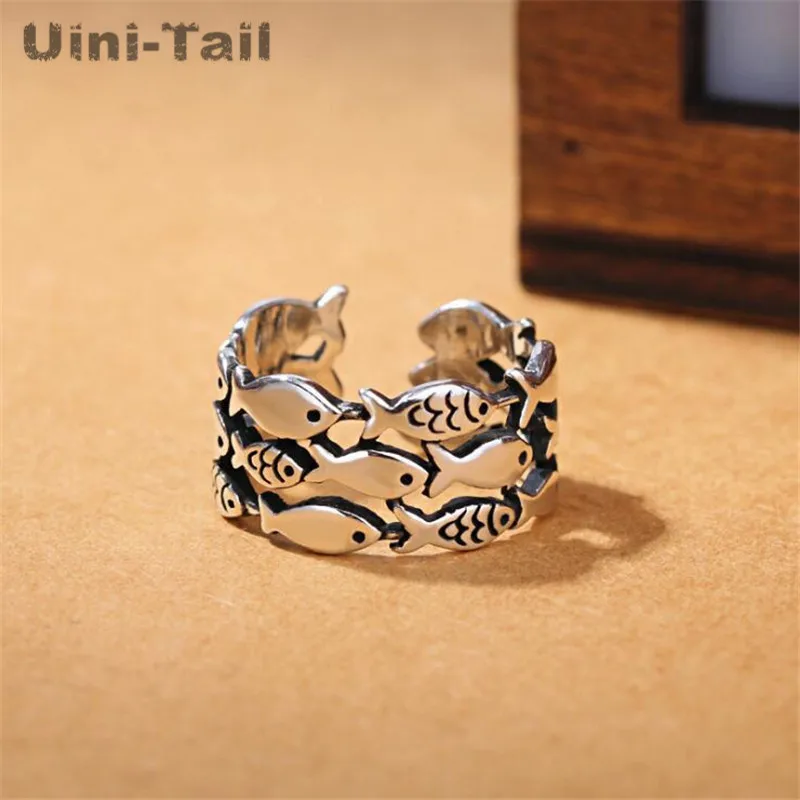 Uini-Tail hot new 925 Tibetan silver retro group of small fish open ring modelli femminili anello in argento tailandese a faccia larga JZ142