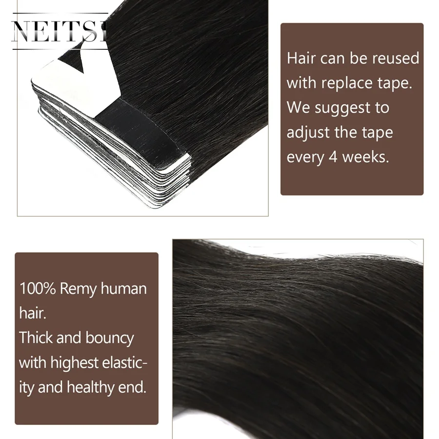 Neitsi Luxury Tape In Remy Human Hair Extensions Double Drawn Adhesive Straight Skin Weft Hair 24