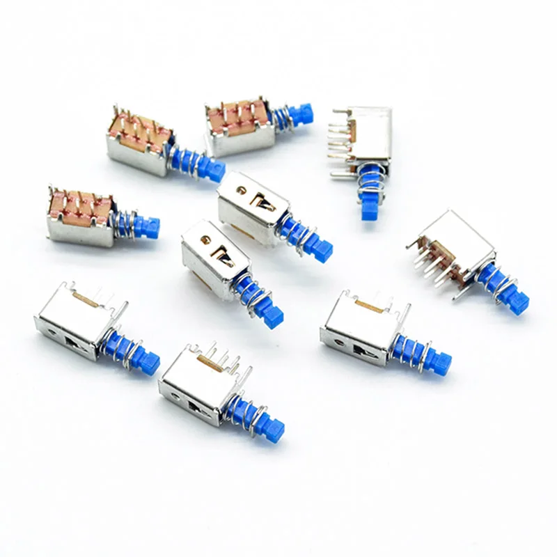 5pcs  Right Angle PCB Latching Push Button Switch DPDT Double Pole 6 Pin self-locking key power switches red blue yellow A03/04