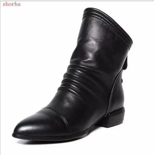 New black Women Ankle Boots autumn Winter Shoes Back Zipper Booties Low Heels Boots Black Woman Shoes Pleated fashion