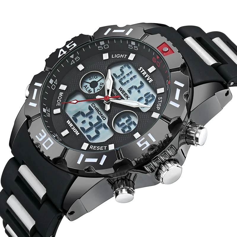 Stryve Mens Watches Top Brand Luxury 30m Waterproof Sports Male Led Clock Military Big Dial Quartz Digital Dual Display Watches