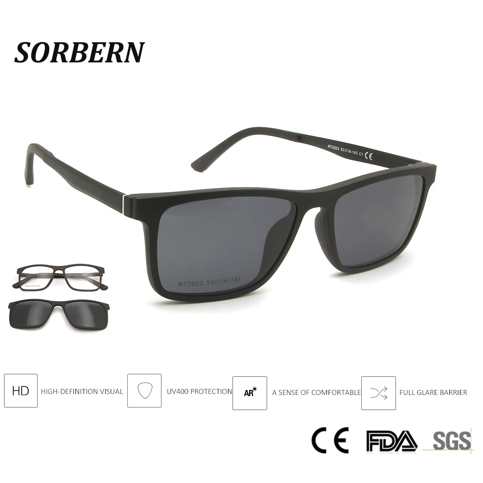 

SORBERN New Nerd Square Sunglasses With Cilp On Magnetic Lens Men Optical Spectacles Frame Polarzied Sun Glasses Outdoor Goggles