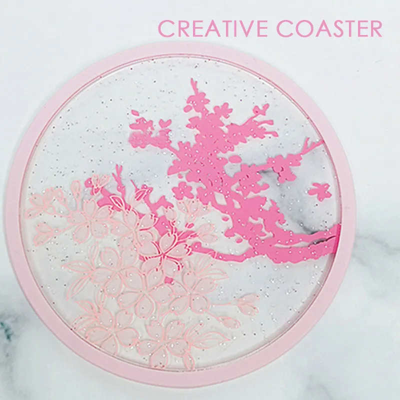 Cute Romantic Cherry Blossom Quicksand Coaster Silicone Anti-slip Cup Pad Tea Cup Coffee Mug Mat