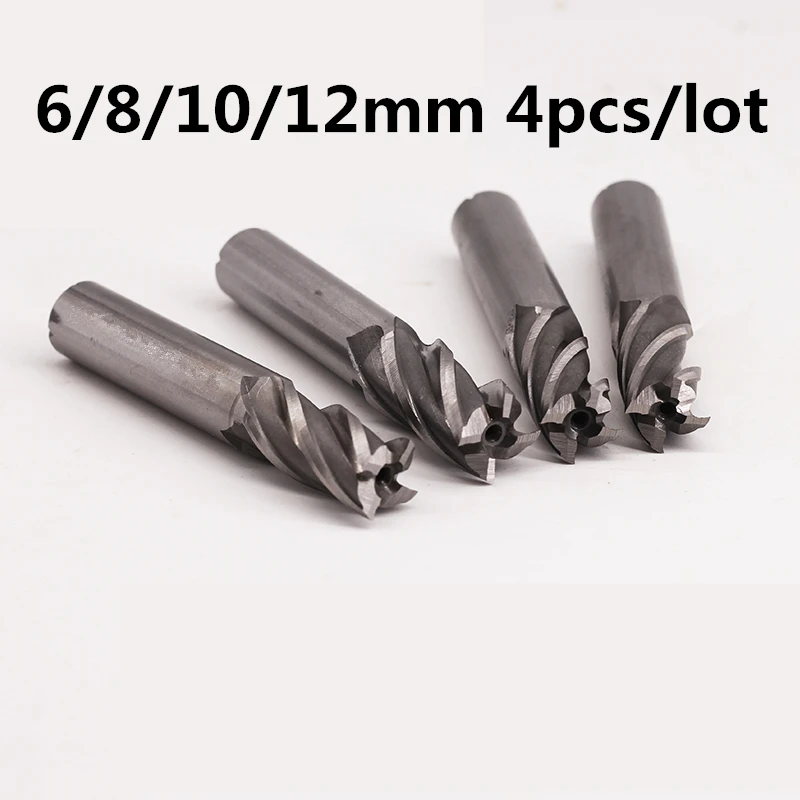 4Pcs Carbide End Mill HSS 4 Flutes 6mm-12mm Diameter Milling Cutter Straight Shank Router Bit Set CNC Tools