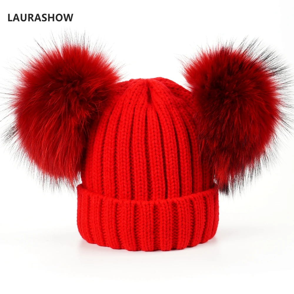LAURASHOW Adult Winter Brand Cap 16cm Double Real Fur Ball Pom Poms Hat For Lady Hat Knitted Cap Hat Skullies Women Beanies