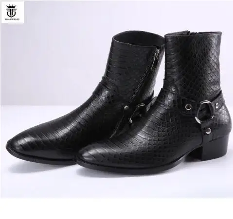 Genuine Leather Black Snakeskin Buckle Strappy Men Ankle Boots Flats Trainers Side Zip Sapatos Shoes Men