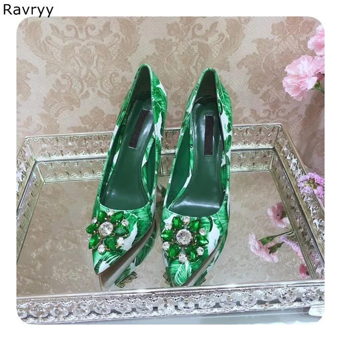 Green Crystal woman\'s high heels leaf print female dress shoes rhinestone sexy pumps pointed toe stiletto slip-on single shoes