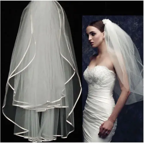 Wedding Bridal Veil Two-Layers Satin Edge Comb Elbow Tulle White Ivory