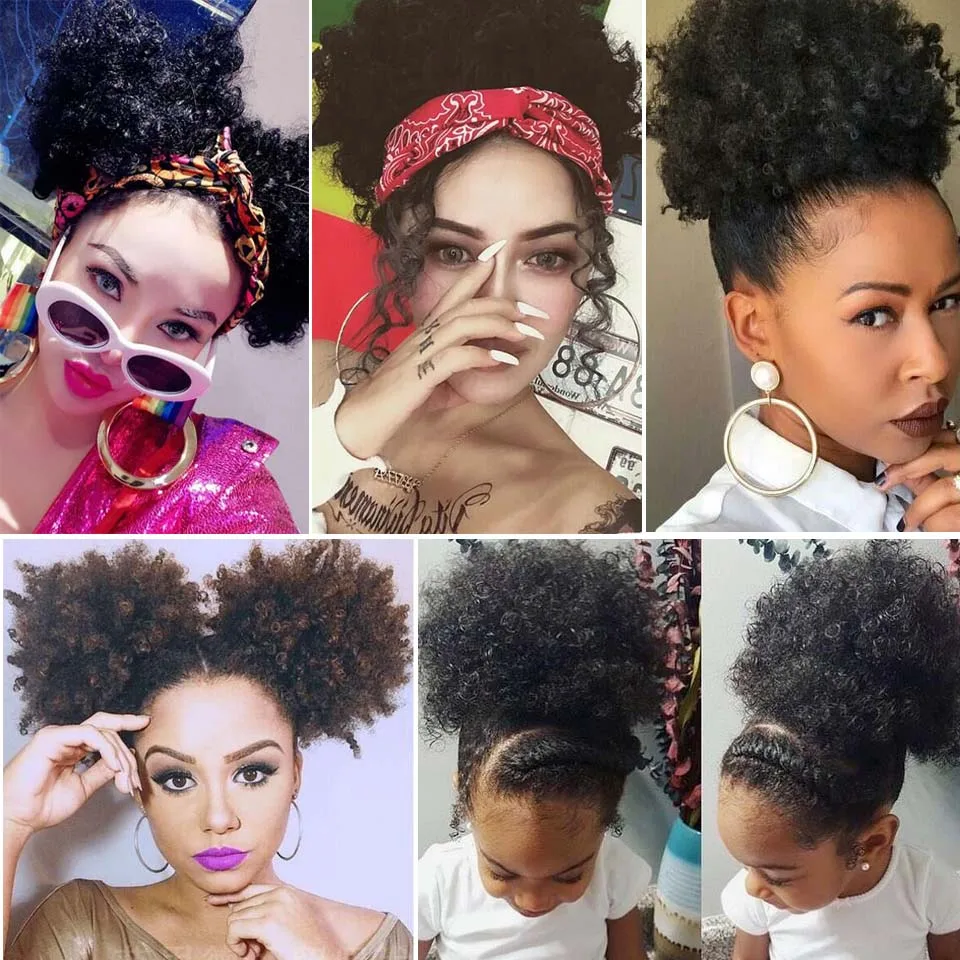 8 inç kısa Afro puf sentetik saç topuz Chignon postiş kadınlar için İpli at kuyruğu Kinky kıvırcık Updo klip saç ekleme