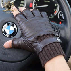 Fashionable Man Half Finger Sheepskin Gloves Autumn Winter Fingerless Knitted Cuff Warm Real Leather Driving Gloves M-56