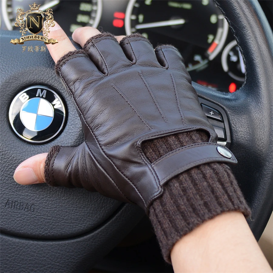 Fashionable Man Half Finger Sheepskin Gloves Autumn Winter Fingerless Knitted Cuff Warm Real Leather Driving Gloves M-56