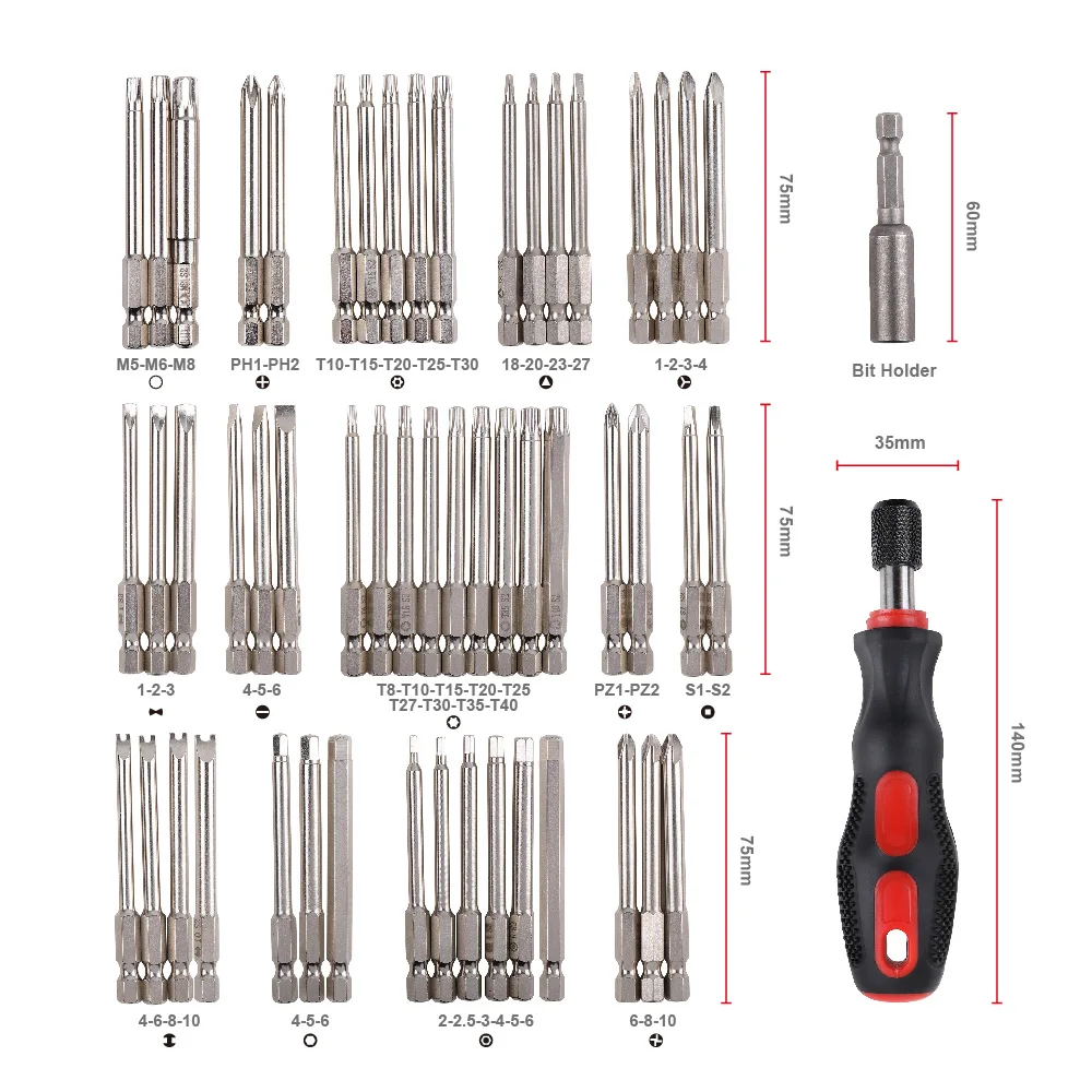 55 Pieces Screwdriver Bits Set 75mm Length S2 Steel HRC55-60