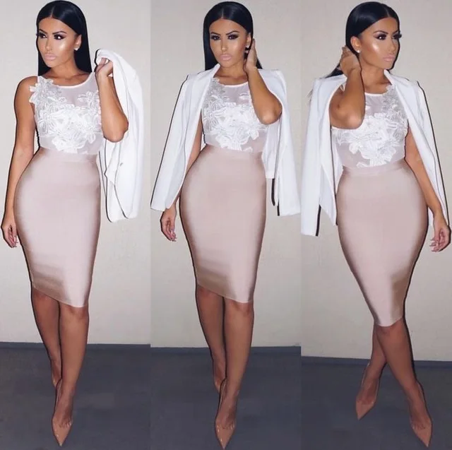 XL XXL Women Solid Nude Sexy Black White Red Plain Bandage Skirt 2023 Knitted Sweet Designer Bodycon Pencil Skirt Female