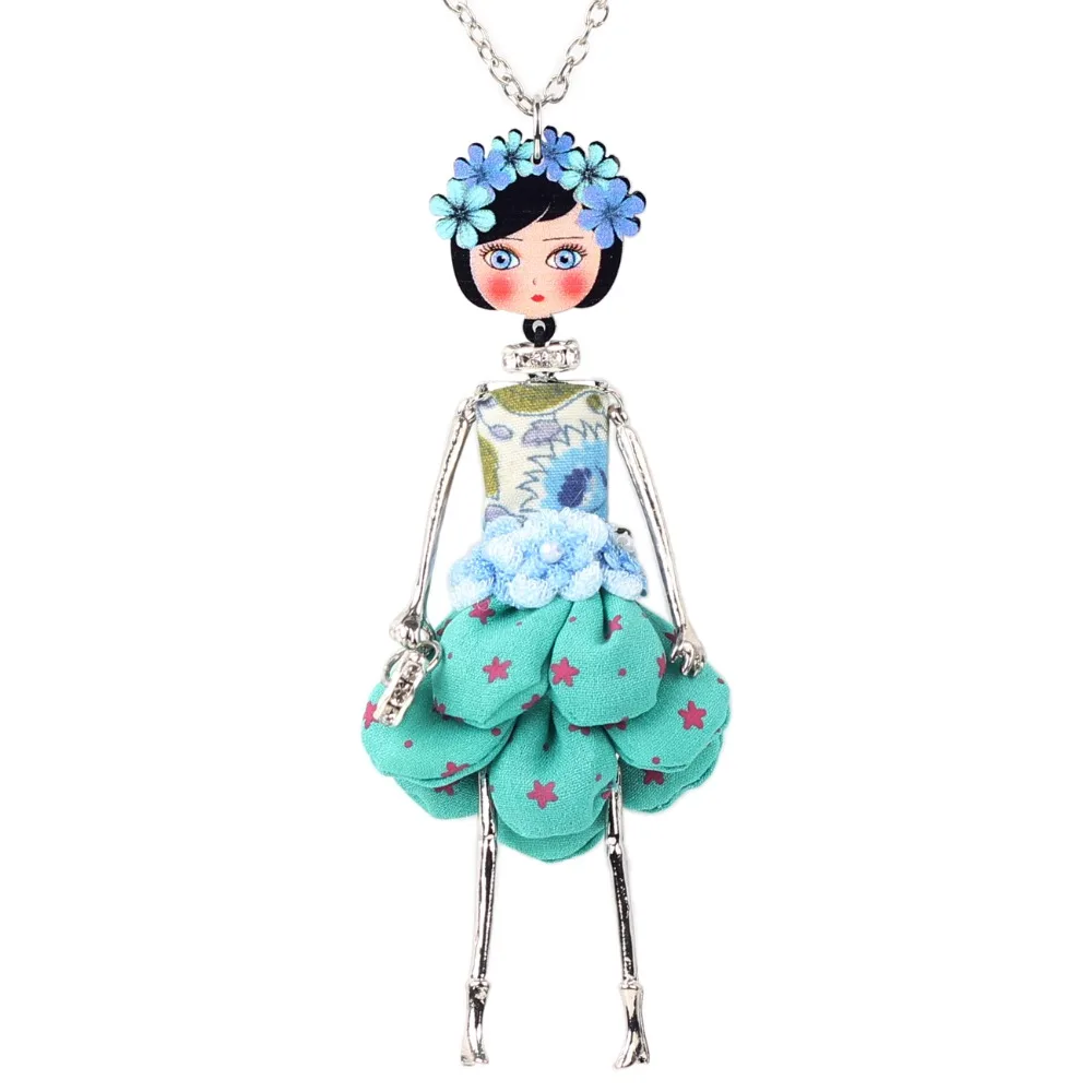 Bonsny Statement Flower Doll Necklace Dress Handmade French Doll Pendant News Alloy Girl Women Flower Fashion Jewelry Gift