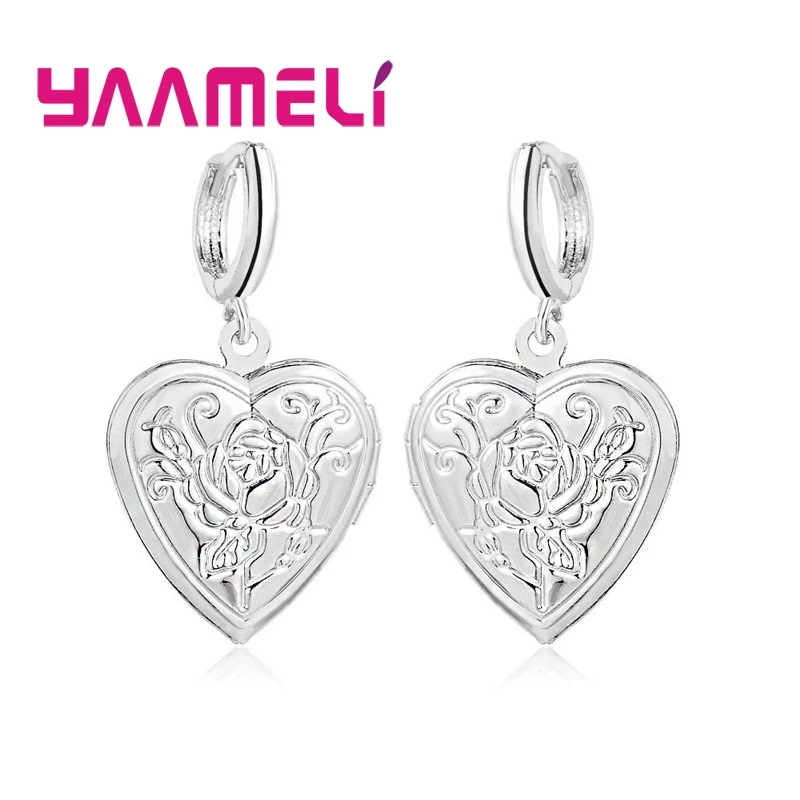 Top Rated 925 Sterling Silver Heart Charms Women Earrings Stylish Rose Carving with Smooth Lever Back Earwires Drop Ear Jewelry