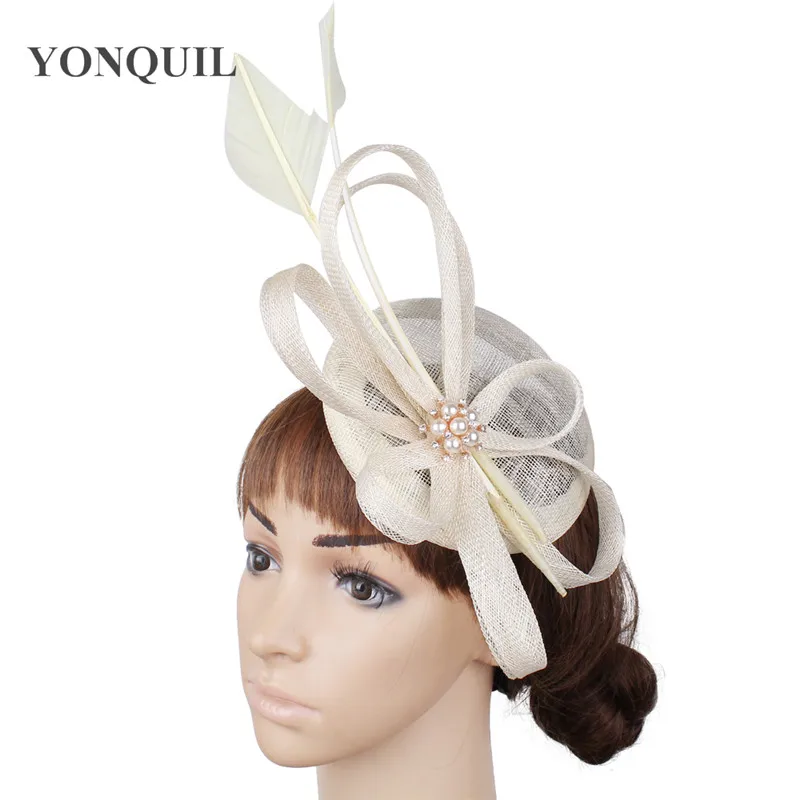 

Elegant Ivory Race Tea Party Hats Headwear Wedding Sinamay Fascinators Women Red Linen Hair Accessories Derby Fedora Hats SYF468