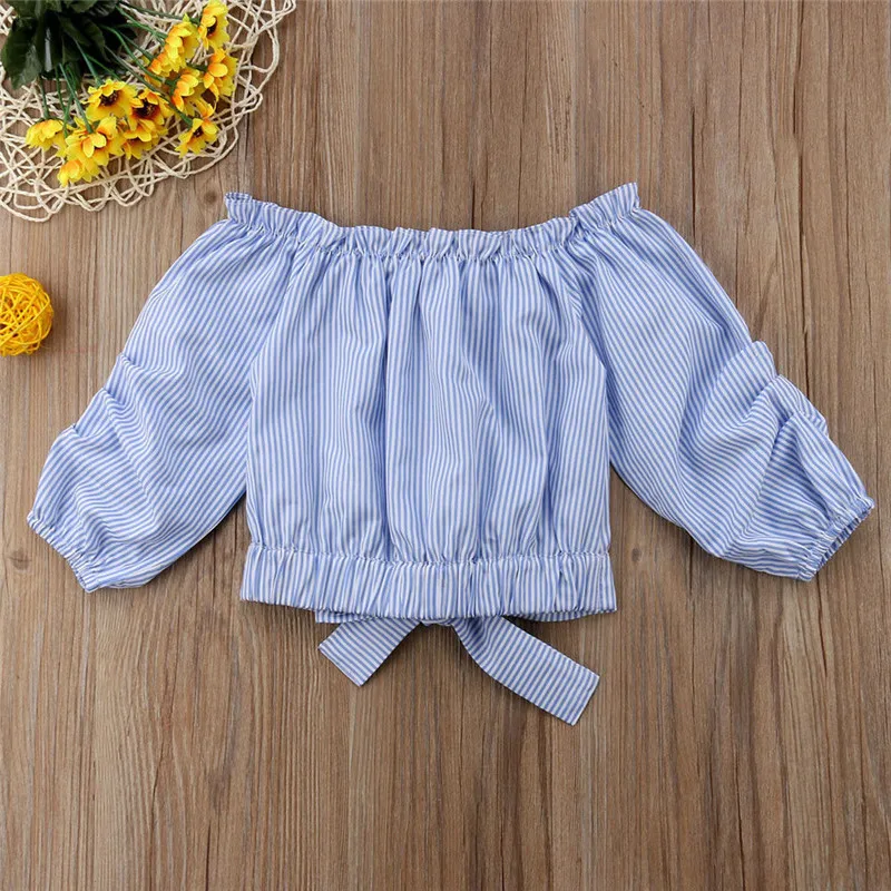 PUDCOCO Hot Newborn Toddler Baby Kid Girl  Blue&White Striped Long Sleeve Ruffles Off-Shoulder T-shirt Blouse Tops Clothes 3-11T