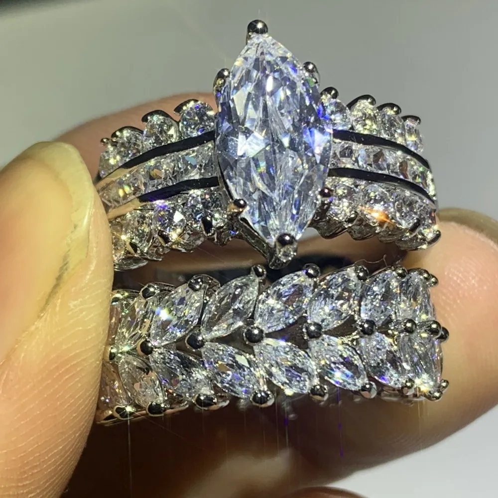 90% Off Super Deal Stunning Luxury Jewelry 925 Sterling Silver Marquise 5A CZ Zirconia Drop Shipping Wedding Bridal Ring Set