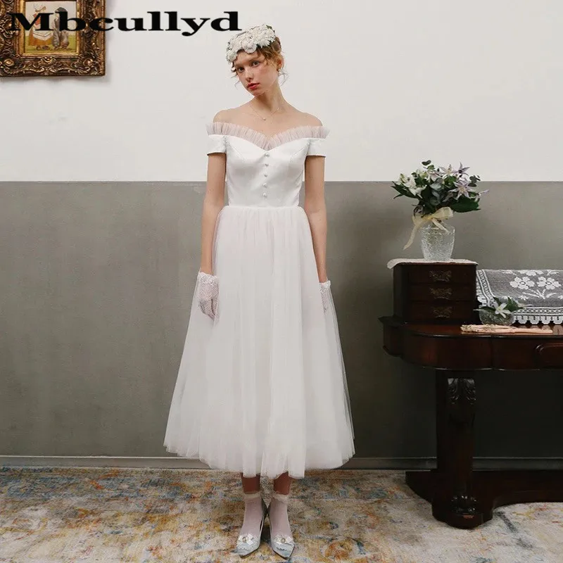 Mbcully Vintage 1950s Tea Length Wedding Dresses 2023 With Ruffled Tulle A-Line White Beach Bridal Gowns Boho Vestidos De Novia