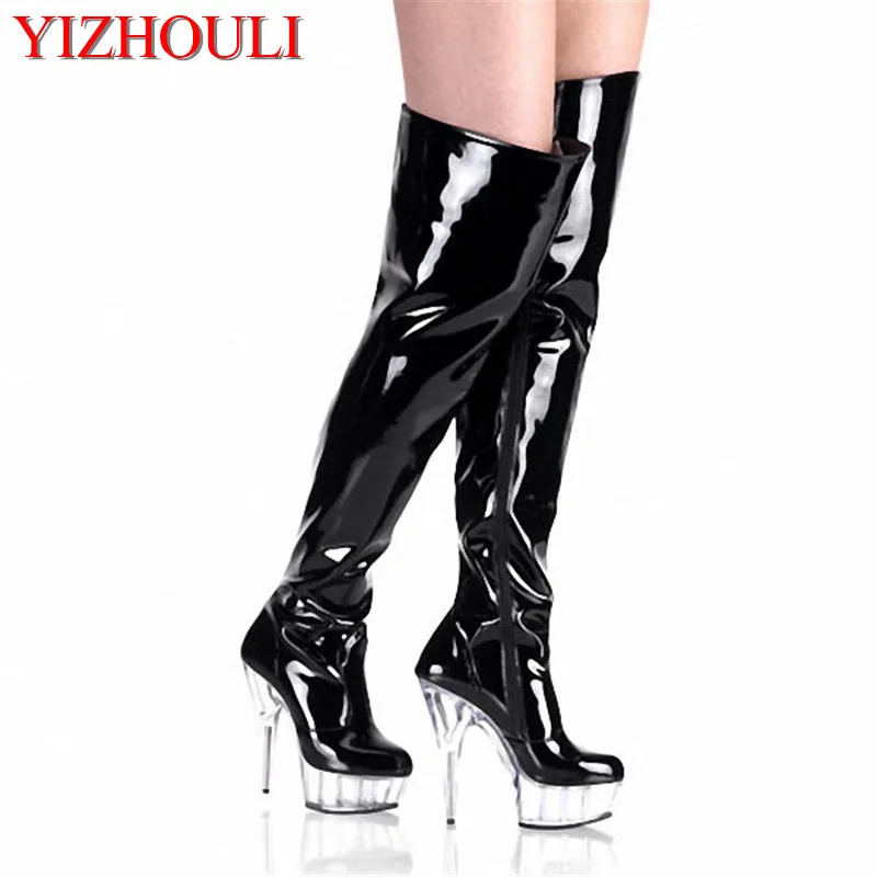 

15cm ultra high heels boots barreled crystal platform leather performance shoes plus big size 6 inch thigh high boots