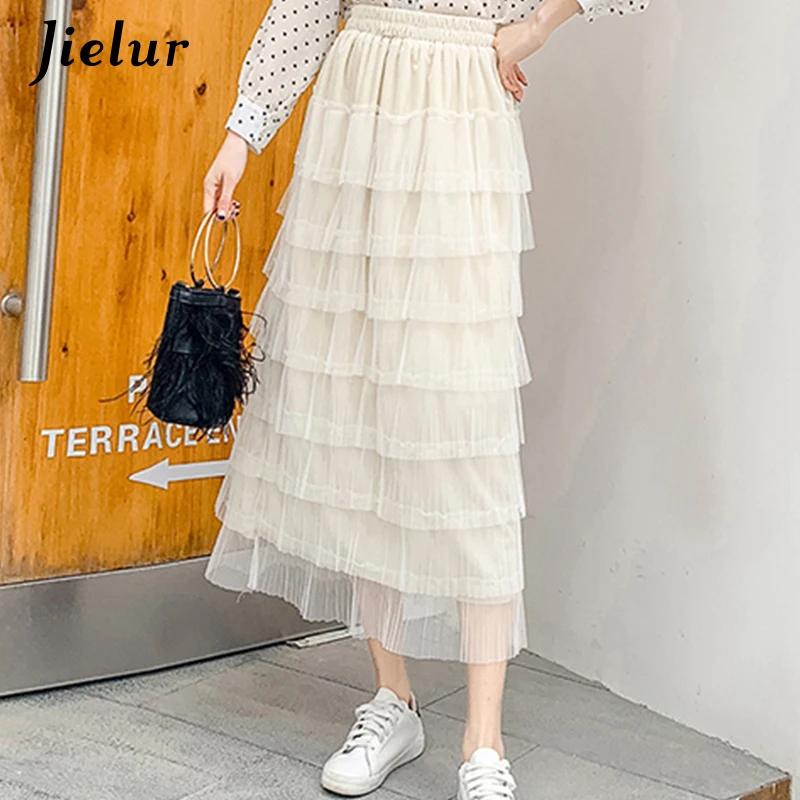 

Jielur Mesh Pleated Skirt Women Summer High Waist A-line Solid Color Sexy Long Black Pink Casual Skirt Faldas Mujer Moda 2021