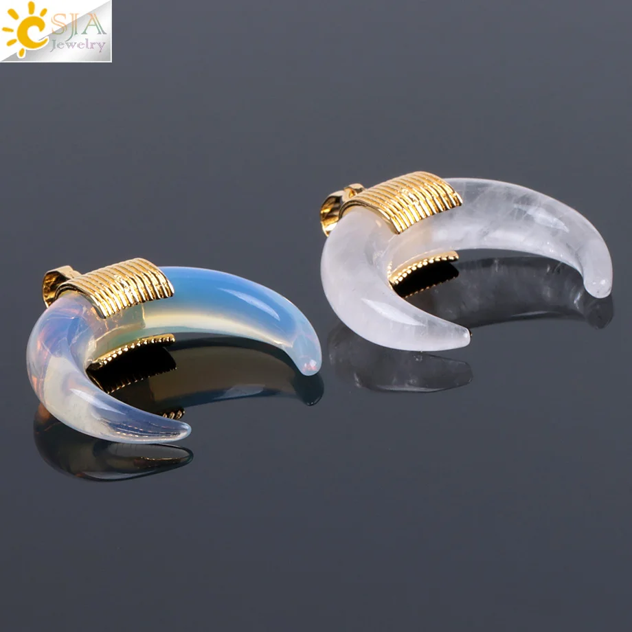 CSJA 42x34x10mm Fashion Natural Stone Crescent Half Moon Pendant Without Chain Charming Crystal Beads Wire Fit DIY Necklace F064