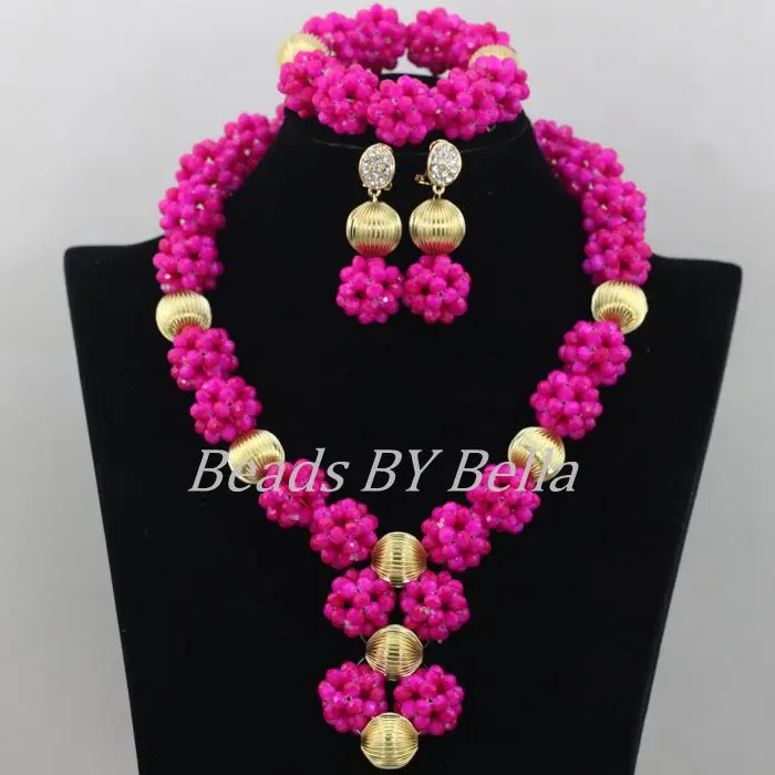 Hot Opaque Fuchsia Crystal Beads Balls Necklace Nigerian Wedding African Beads Bridal Jewelry Sets  ABF452