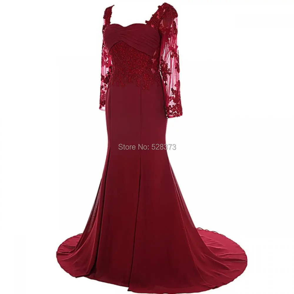 YNQNFS Real Photos MD17 Lace Appliqued Chiffon Elegant Long Sleeves Mother of the Bride/Groom Dresses Burgundy 2019