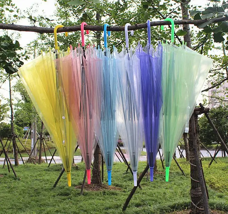 

50PCS Wholesale Sunny Rainny Transparent Multicolor Umbrellas Clear PVC Umbrellas Long Handle Rainproof Umbrellas SN1177