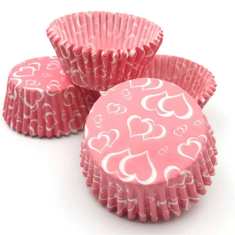 100Pcs/Lot Pink Love Heart Cupcake liner baking cups paper cake tray mold Wedding Cupcake decorating tools