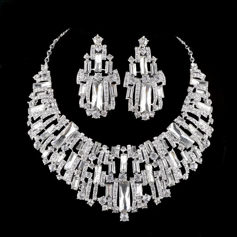 Bridal Jewelry Sets Rhinestone Austrian Crystal Wedding Party Necklace Earrings Set Silver Plated Cubic Stone Women Jewelry