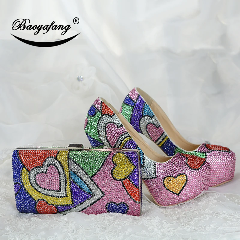 Multicolored cyrstal wedding shoes with matching bags fashion shoes womens Pumps High heels Party dress shoe big size 43