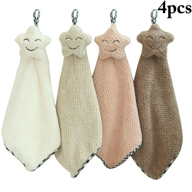 3Pcs/4Pcs Microfiber Kitchen Absorbent Towel Hand Towel Cute Smiling Star Wash Cloth Hanging Towel For Kitchen Bathroom