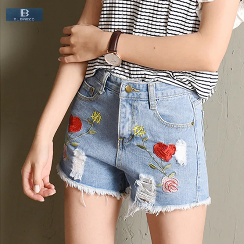 [EL BARCO] 2017 Fashion Ricamo Floreale In Cotone Denim Shorts Donna Strappato Fori Tasca Solido Bianco Blu Morbido Femminile Dei Jeans Corti