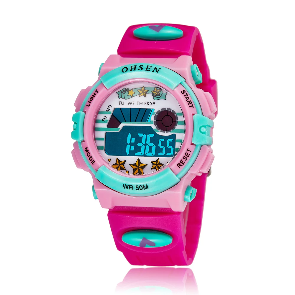 OHSEN Digital Kids Watches for Girls Boys 50M Waterproof Rose Red Led Electronic Children Sport Watch Stopwatch Cartoon Clock