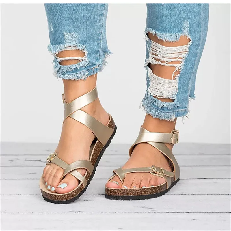 Summer Women Thong Sandals Gladiator Cross Ankle Strap Sandals Platform Metal Buckle Flats Ladies Beach Shoes Plus Size