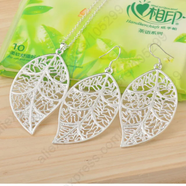 Fashion 925 Sterling Silver Needle Jewelry Set Leaf Pendant Necklaces Hook Earrings Cheapest Plant Leaves Design Jewelry Sets