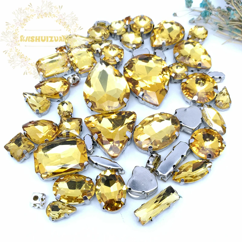 58pcs 10shapes 25sizes Mix  Golden yellow shape and sizes Glass Crystal rhinestones silvery bottom DIY Clothing accessories