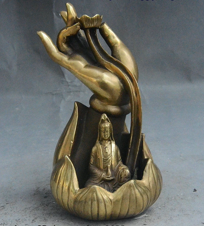 

7" China Buddhism Brass Buddha Hand Kwan-Yin Lotus Back incense Burner Censer