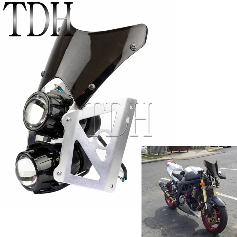 

Universal Motorcycle Twin Stacked Projector Headlight With Black Brackets Windscreen Dual Sport For Yamaha Suzuki Honda BMW