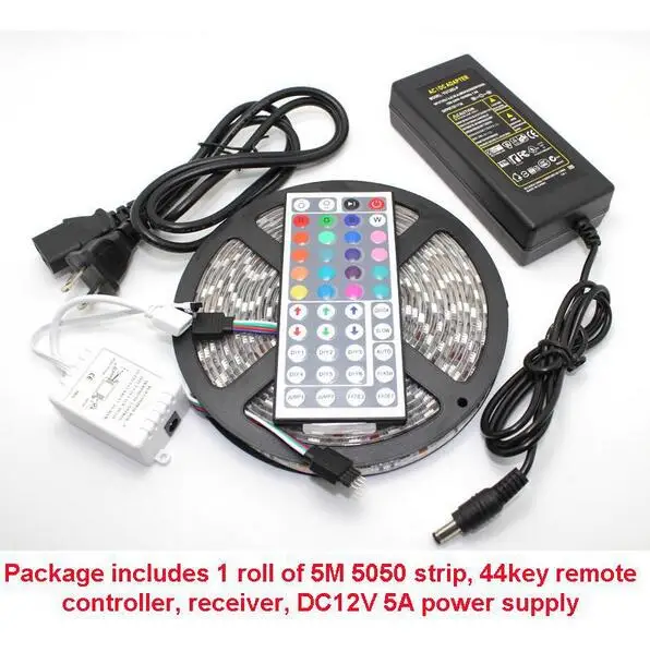 RGB LED strip 5050 12V waterproof 60pcs/m 5M 24KEY or 44KEY IR Remote Controller 12V 5A Power Adapter IP65