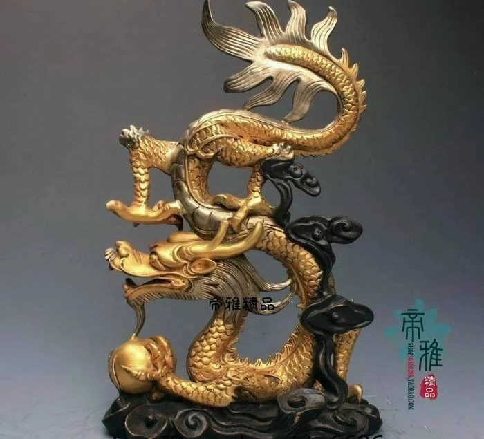 China Bronze Copper 24K Gold Gild Silver Palace Zodiac Dragon Hold Bead Statue