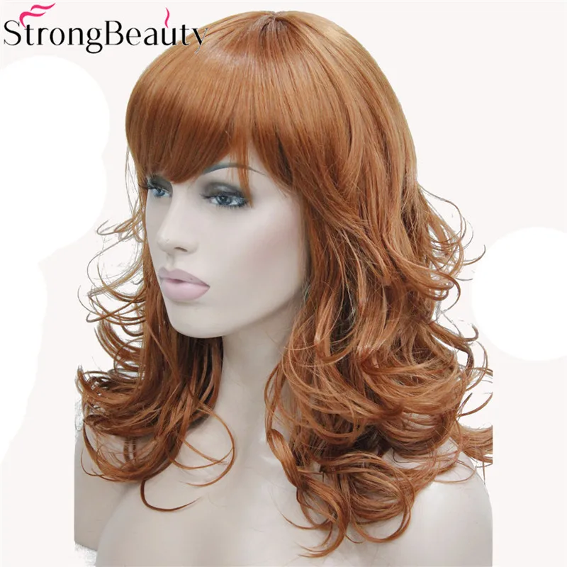 StrongBeauty Synthetic Medium Curly Wigs Black Blonde Brown Wig For African Amrican Woman Hair With Bangs