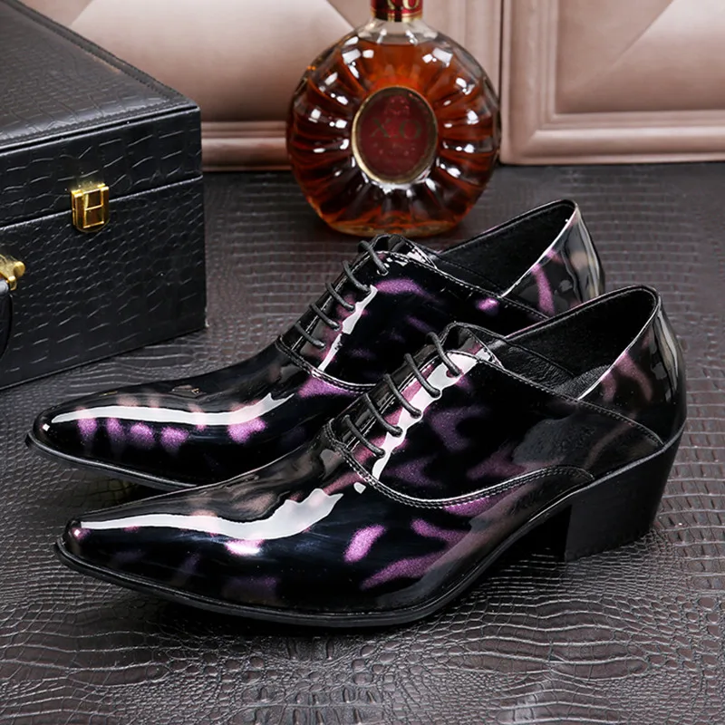 

Western Oxford Purple Patent Leather Luxury Brand Italian Shoes Man High Heels Pointed Toe Dress Wedding Shoes Loafers Size13