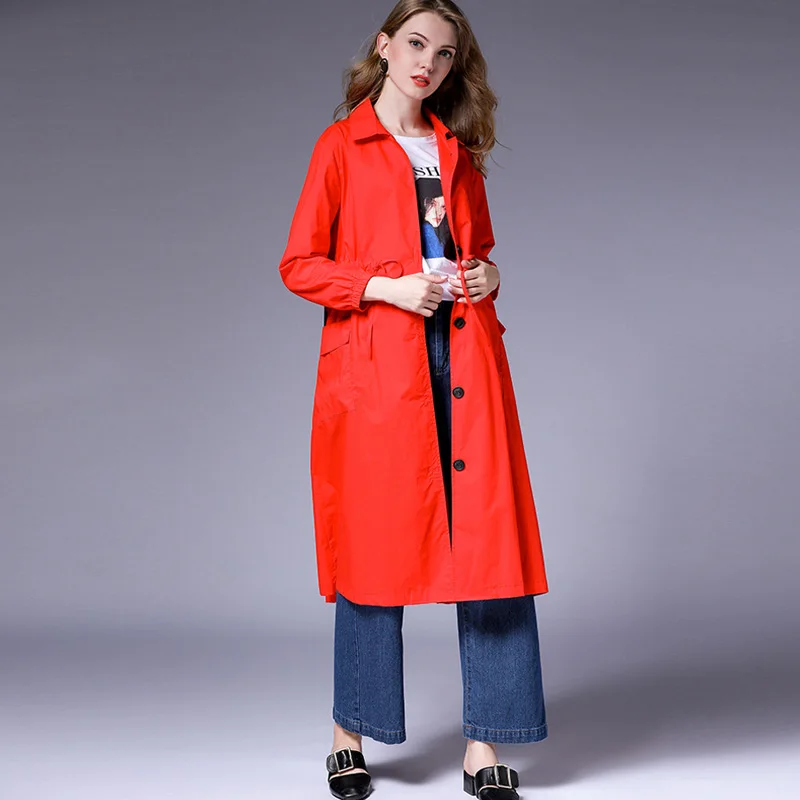 Women's Long Korean Trench Coat, Elegant Turn Down Collar, Cotton Long Coats, Large Size, Ladies Early Autumn, New, Plus Size