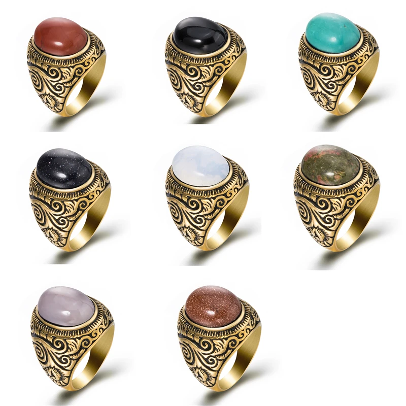 

Men's Women's Natural Oval Turquoises Black Onyx Moonstone Gold Stainless Steel Ring Jewelry Size 8-13