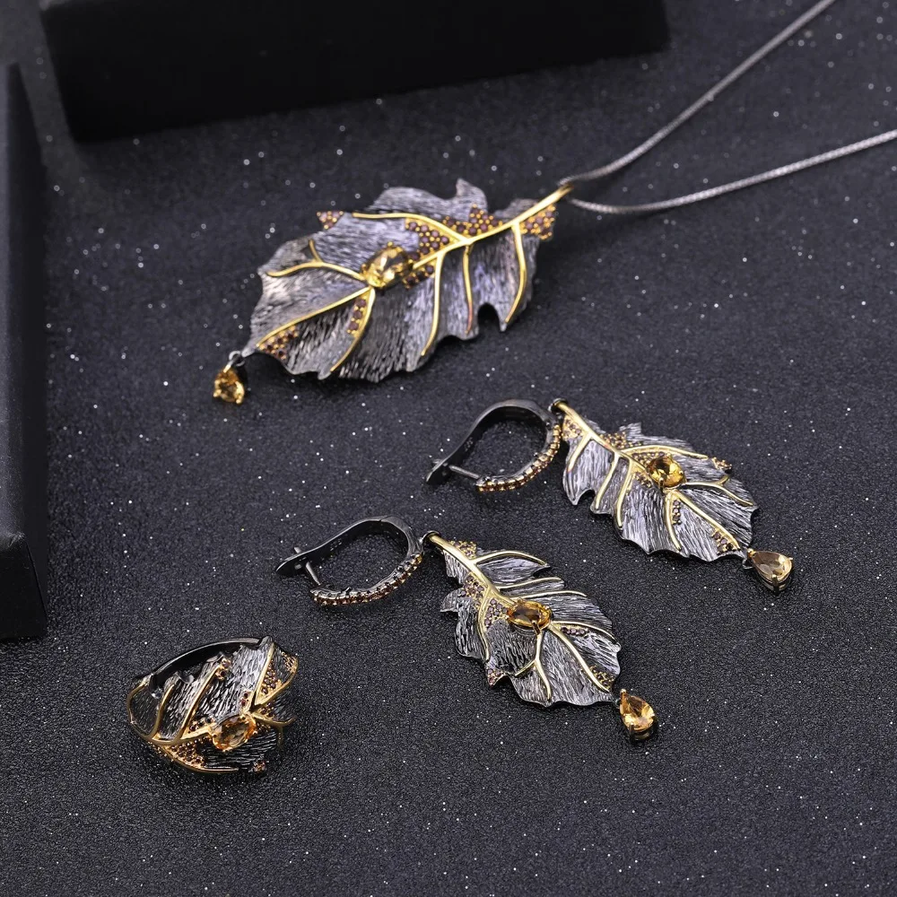 GEM\'S BALLET Georgia O\'keeffe 0.97Ct Natural Citrine 925 Sterling Silver Handmade Monstera Leaves Drop Earrings for Women Bijoux